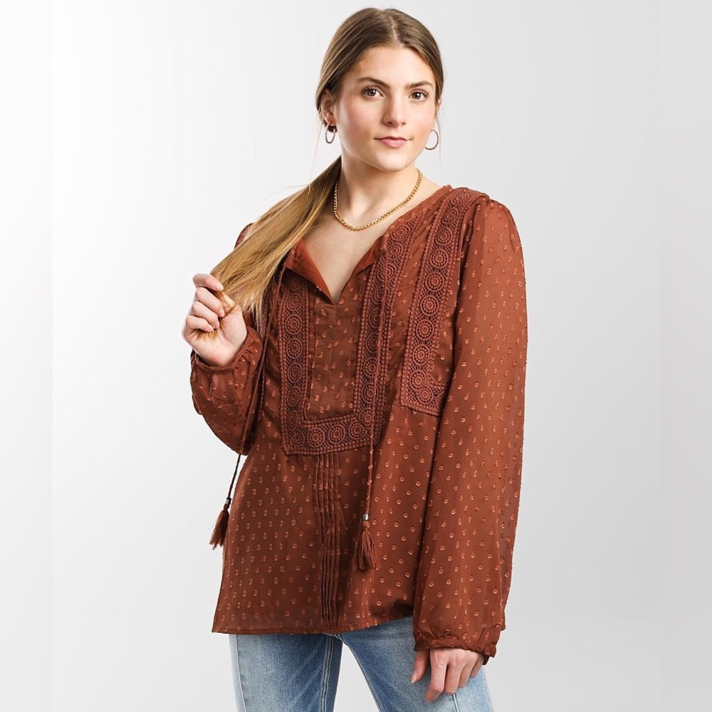 Miss Me. Split Neck Swiss Dot Blouse. Rust. Size Small.